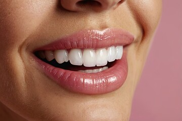 his image shows a close-up view of a womans mouth smiling with her teeth showing 