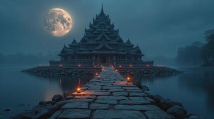 Obraz premium Ancient Temple Floating Above a Lake