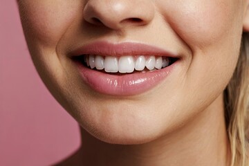 Naklejka premium his image shows a close-up view of a womans mouth smiling with her teeth showing 