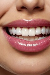his image shows a close-up view of a womans mouth smiling with her teeth showing 