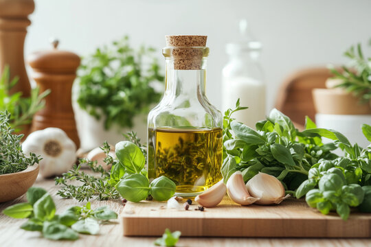 Bottle of infused olive oil with fresh garlic and herbs on a wooden board

