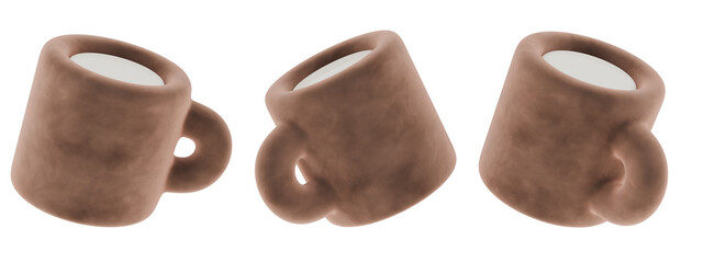 soft brown colored mug cups, 3d icon cup, transparent background, png