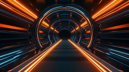 Dark futuristic background with warm orange and deep blue glowing rings at the top and bottom. Curved metallic lines create a symmetrical tunnel effect.