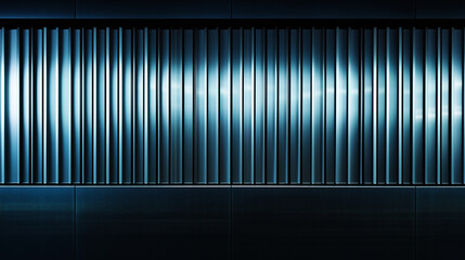 Blue metallic wall with vertical panels and glowing reflections