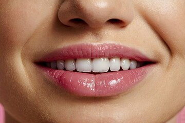 Obraz premium his image shows a close-up view of a womans mouth smiling with her teeth showing 