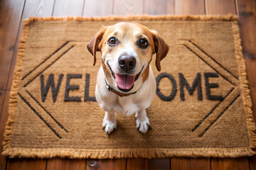 A dog is standing on a welcome mat with the word "welcome" on it