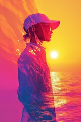 Colorful silhouette of a woman in sunglasses overlays a stunning ocean sunset, creating a mesmerizing double exposure effect.