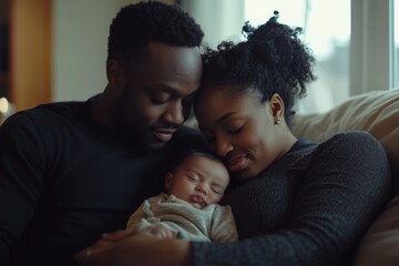 A tender moment of a couple lovingly embracing their sleeping newborn, capturing family love and warmth at home.