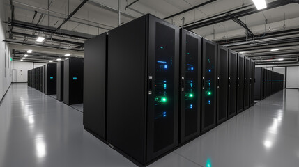 Modern server racks in a data center with green and blue lights

