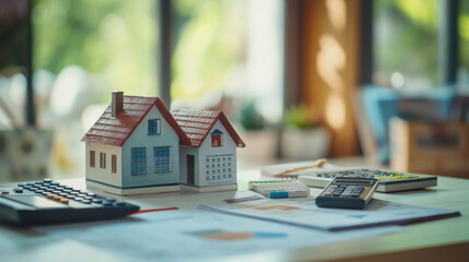Small Model House on Desk Surrounded by Calculators and Financial Documents Representing Real Estate Investment, Budgeting, and Housing Market Analysis