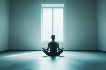 Obraz premium A person meditates in a quiet room, sitting cross legged on the floor. Natural light streams through a large window, creating a tranquil atmosphere. This practice fosters inner peace and focus.