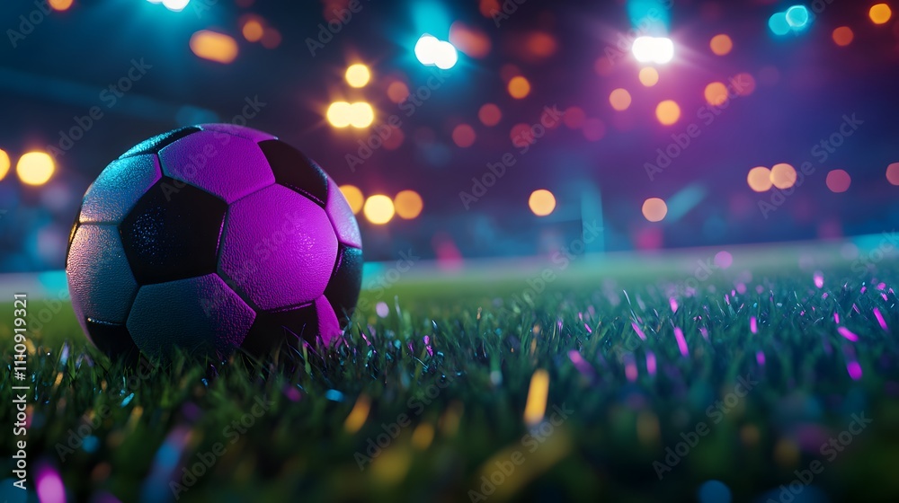Aufkleber close-up view of a soccer ball on a lush green field with vibrant stadium lights and bokeh effect, e