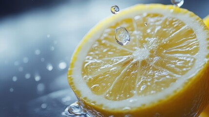 Dynamic close-up of a lemon slice with water droplets, capturing freshness and vibrant citrus energy in a splash.