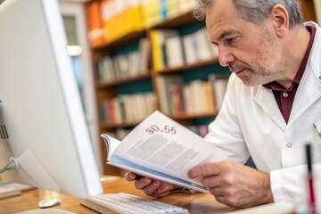 A researcher in a lab coat studies journal articles intently in a library setting.
