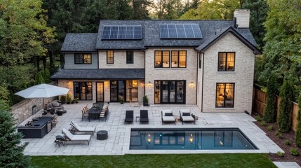 Luxury Home with Pool and Solar Panels at Dusk