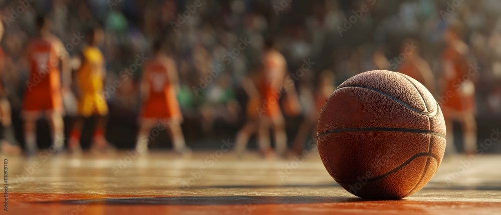 Poster close-up of a basketball on a court with players in motion in the background, capturing the exciteme