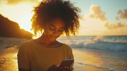 Woman using smartphone at sunset beach lifestyle content coastal environment serene viewpoint digital connection