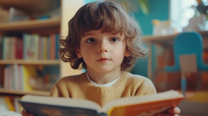 Kindergarten child reading book composition background