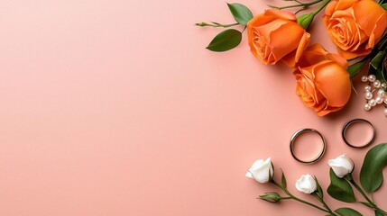 A photostock of a wedding-themed flat lay with elegant rings, pearls, and blank stationery on a blush pink background. High Quality