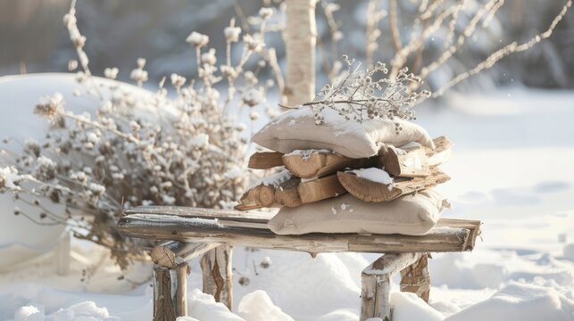 A stack of chopped firewood with covered snow