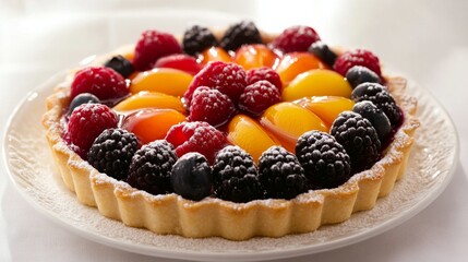Photo of, A colorful fruit tart adorned with a medley of fresh berries and glazed with apricot jam, served on a buttery pastry crust