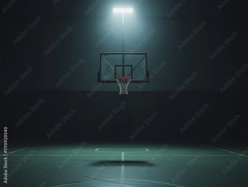 Aufkleber dramatic spotlight on an empty basketball hoop in a dimly lit gymnasium setting evoking a sense of a