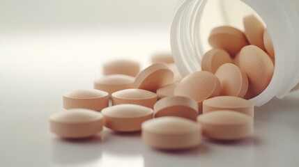 Open bottle of pills spilling out on white surface, healthcare and medicine concept