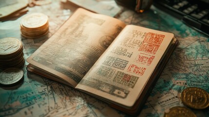 Open passport with stamps on a map with coins.