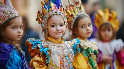 A group of children dressed in colorful, elaborate costumes with crowns, showcasing a festive spirit. The central child smiles brightly, while the others look on with expressions of joy and curiosity.