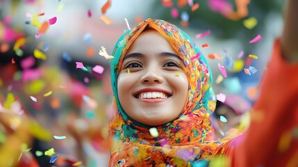 A close-up of a smiling woman wearing a colorful hijab, surrounded by falling confetti. Her joyful expression reflects the excitement of the celebration, with a vibrant atmosphere created by the color