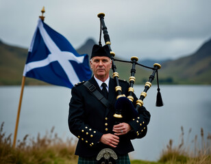 A Scottish bagpiper dressed in traditional attire stands by a scenic Highland lake, playing the bagpipes. In the background, a Scottish flag flutters in the breeze.