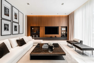 Luxurious modern living room with dark wood finishes and white marble floors. The room has a white sofa and a marble black coffee table