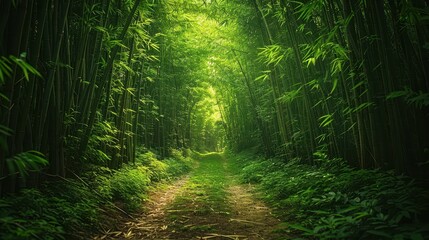 Fototapeta premium A serene bamboo forest with a lush green pathway, illuminated by soft light filtering through the foliage.