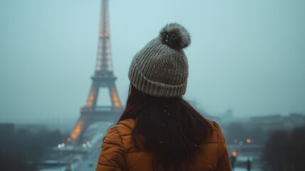 A young woman gazes upwards with the Eiffel Tower in the background, surrounded by vibrant autumn foliage, embodying the charm and romance of Paris in fall.