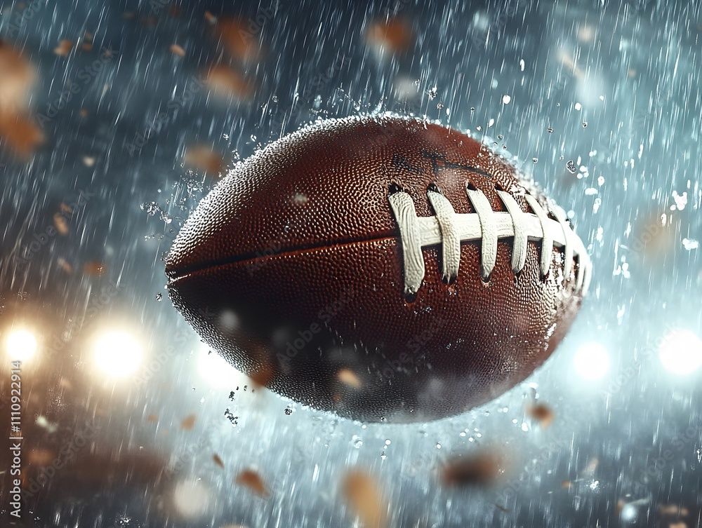 Poster a dynamic close-up of a glowing brown football floating in a rainy atmosphere with shimmering lights