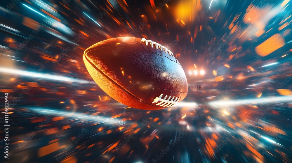 Poster A Flying American Football in an Abstract Space with Dynamic Lighting Effects and Motion Blur, Representing Speed and Excitement within a Sport Context