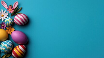 Obraz premium A photostock of colorful Easter decorations, including eggs and bunny ears, arranged on a vibrant turquoise background with spring props. High Quality