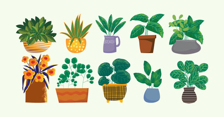 Flowers, plants on pot, vases hand drawn vector illustration element. Houseplants collection isolated on white background.