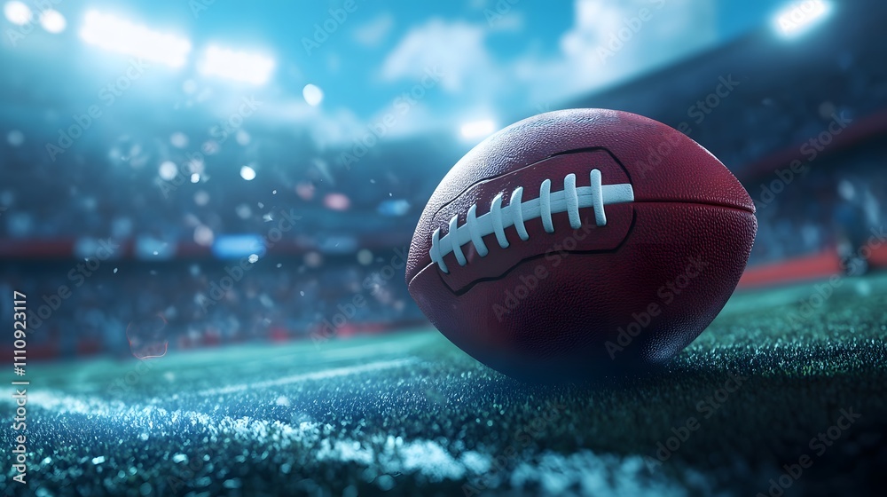 Poster high-resolution close-up of a vibrant american football on the field in a stadium with dramatic ligh