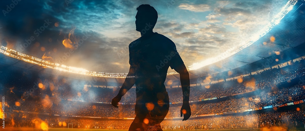 Poster dynamic silhouette of a football player walking on a stadium field with spectators and dramatic sky 