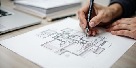 Architectural design process with hand sketching blueprints on paper in a creative workspace