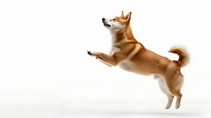 high-resolution dog illustration, shiba inu dog jumping in a side view, isolated on a clean white background, high resolution, photorealistic, fully framed, k uhd