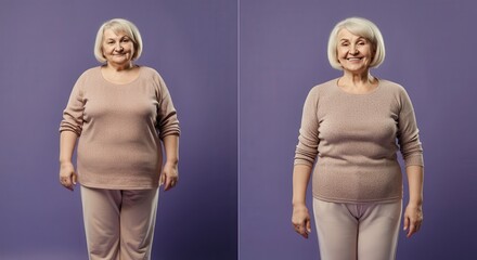Elderly woman in casual outfit on purple background, front and side views