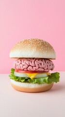 A quirky burger with a brain-shaped filling against a pink background, AI