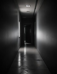 Dark corridor with a single window at the end, shadows, window