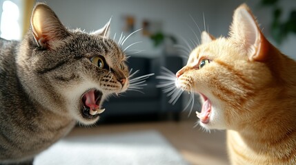 Two cats, one tabby and one ginger, face off with open mouths in a playful yet intense standoff, creating a lively and dynamic atmosphere.
