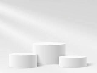 Circle podium and window light blur on white wall, column platform pillar, pedestal stand stage, round empty stages and podium stairs 3d template for product presentation