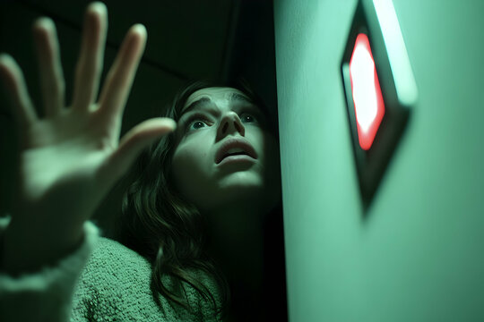 A young woman reaches toward a glowing red button, her expression filled with wonder and fear