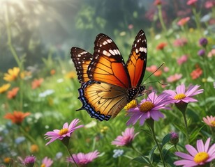 Fototapeta premium Delicate butterfly perched on a colorful flower in a lush meadow, insect, foliage, vibrant colors