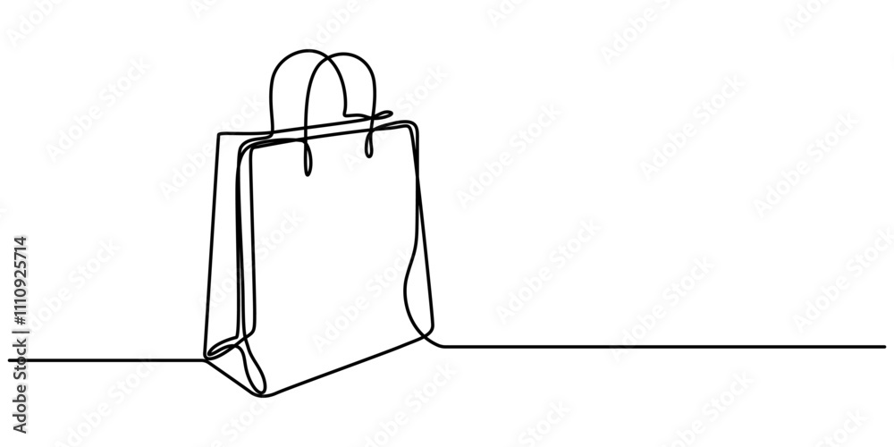 Poster Continuous single line drawing of shopping bag design. Simple paper bag one line vector illustration, Continuous one line drawing of paper bag with the  sale word, Continuous Line Drawing of Reusable.